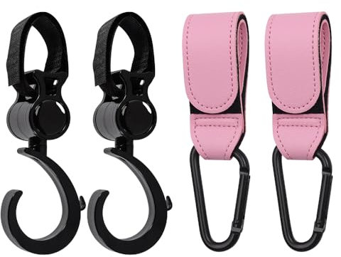 TRKETK 4 Stück Kinderwagen Haken Clips, Leder Stil Kinderwagen Haken 360 Grad Drehbar Robuste Kinderwagen Haken Clips Universelle Buggy Clips für Rucksack, Wickeltasche, Handtasche (Rosa + Schwarz)