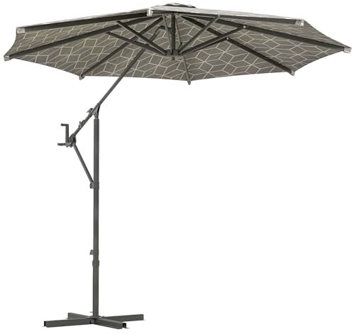 Outsunny 3(m) Convertible Cantilever Parasol and Centre-post Garden Parasol with Cross Base, 360° Rotation Banana Parasol with Crank Handle and 8 Ribs, Hanging Patio Umbrella, Black and White