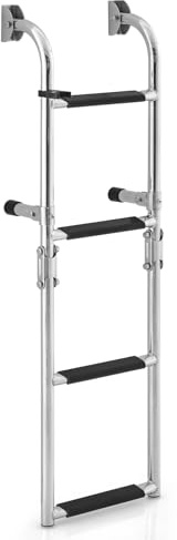 GOPLUS - Escalera de piscina de acero inoxidable 304, escalera de pontón plegable de 4 pasos antideslizante de PVC, adaptador de suelo, clips de plástico, para piscina, barcos, pontones (90 x 27,5 x
