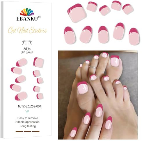 EBANKU Semi Cured Gel Strips, 24PCS Stickers 28PCS Pedi Wraps - Long Lasting, Easy to Apply & Remove for Salon-Quality Pedicure | French Pink