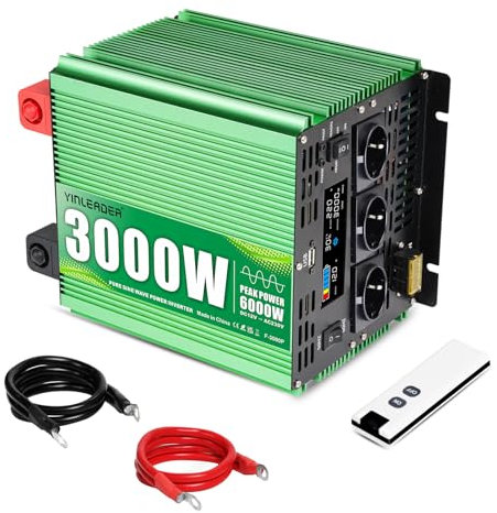 Yinleader 3000W Reine Sinus Wechselrichter DC 12V auf 230V AC Big LCD Display 3 EU Steckdosen und USB Anschluss mit Fernbedienung