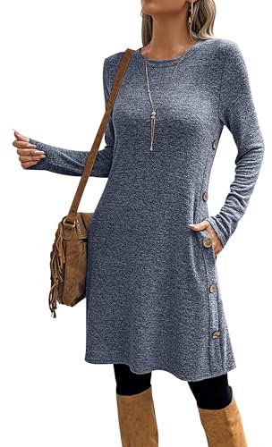 SEVETAT Damen Herbst Winter Elegant Strickkleid Tunika Kleid Casual Lose Pulloverkleid Blusenkleid Rundhals Langarm Leicht Jumper Kleider Freizeitkleid mit Taschen und Seite Knöpfen (L, Grau Blau)