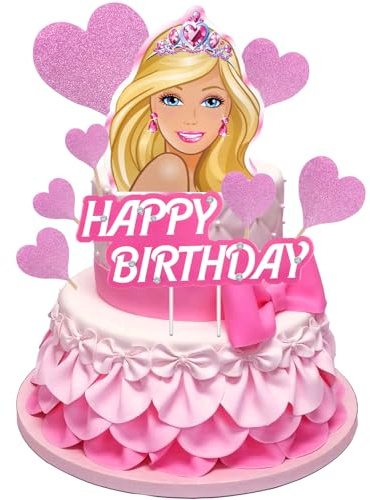 9PCS Pink Cake Toppers, Glitter Girl Cake Decorations, Hot Pink Cake Decorations with Diamond, Birthday Party Supplies Suitable for Kids Girls'Birthday