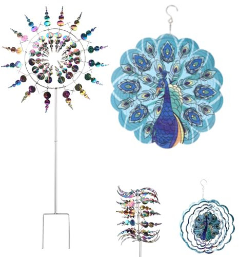 Windspiel für Hof und Garten, 360°-Magisches Metall-Windmühlen-Set mit 3D-Metall-Pfau, hängende Windspiele für Hofkunst, Outdoor-Garten, Windspiel, Pfauen-Windskulptur, Dekoration als Geschenk