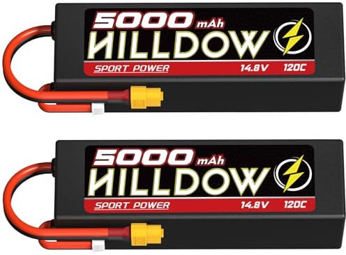 Hilldow Lot de 2 batteries Lipo 4S 14,8 V 5000 mAh 120C avec prise XT60 pour voiture télécommandée Buggy Truggy Truggy Échelle 1/10 RC Truck Crawler Monster
