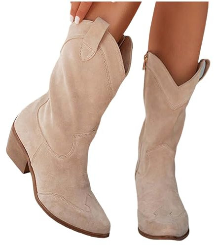 Stivali occidentali da donna con tacco alto – Stivaletti da equitazione con tacco a blocco, in pelle scamosciata, da cowboy, a mezza altezza, stile vintage, beige., 39