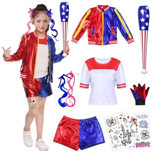 Costume da Quinn Bambina, Harly Quin Costume Bambina,Harle Queen Bambina,Carnevale Costume Cosplay Bambina con Giacca,T-Shirt,Pantaloncini,Guanto e Mazza da Baseball Gonfiabile per Carnevale Halloween
