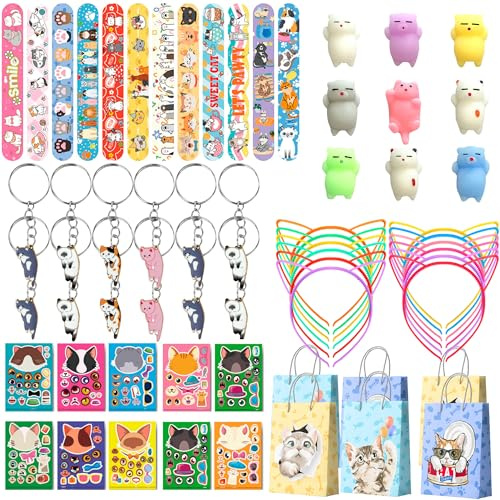 Kaxulvoblig Lot de 72 cadeaux génériques pour fête sur le thème du chat – Sacs de fête avec bandeau, autocollants, porte-clés, bracelets de chat, etc. Fournitures pour anniversaire sur le thème des
