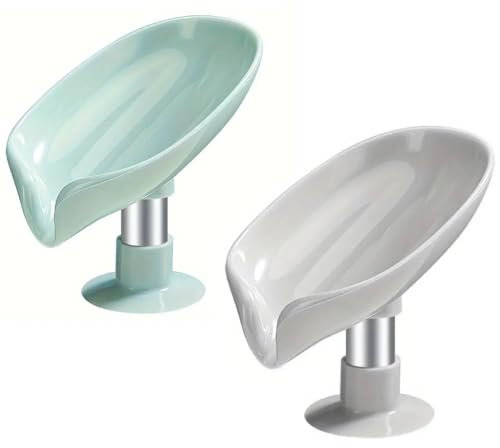 IMAXWAVE Pack de 2 Jaboneras en Forma de Hoja para Baño y Cocina - Soporte de Esponja Extraíble sin Taladro, Diseño con Drenaje Eficiente - Porta Jabón Antideslizante y Moderno (Verde y Gris)