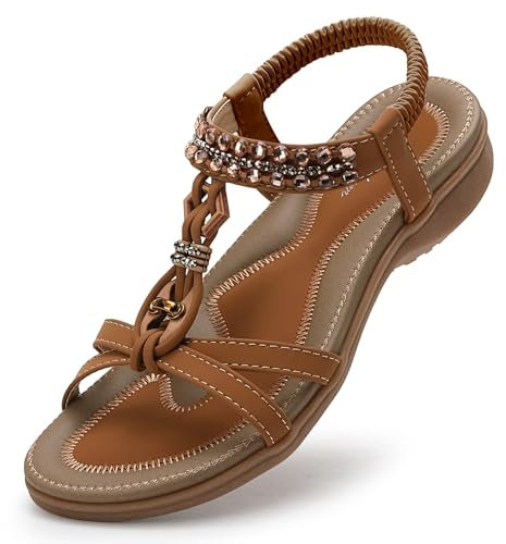 Littleplum Sandalen Damen Sommer Flache Sandalette Bohemia Sandals mit Strass Perlen Freizeit Damen Strand Schuhe Sandalen, 23-Braun, 39 EU