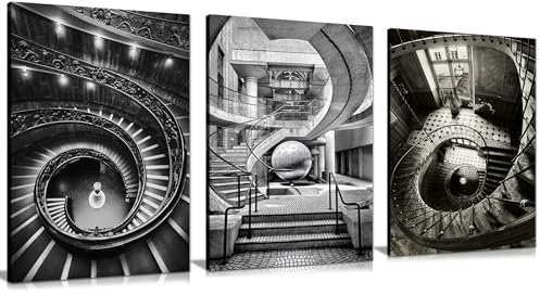 Architektonische Treppenhäuser, Hotel, Innenporträt, künstlerische gerahmte Leinwand, Bilder für Hotel, Zuhause, Wände, Schlafzimmer, Wohnzimmer und Badezimmer, Dekoration, 61 x 41 cm, 3 Stück