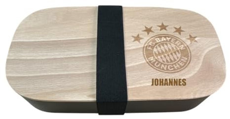 FC Bayern München Brotzeitdose - Personalisiert mit Namen - Lunchbox mit Holzdeckel Gravur Logo - schwarz Bio Kunststoff 20,5 x 11 x 5,7 cm