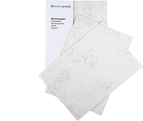 Betterpress® 25 Blatt DIN A4 120 g/m² Marmorpapier Briefpapier grau beidseitig marmoriertes Papier in hochwertiger Qualität – Premium ideal als Speisekarte und Urkunde zum selber drucken