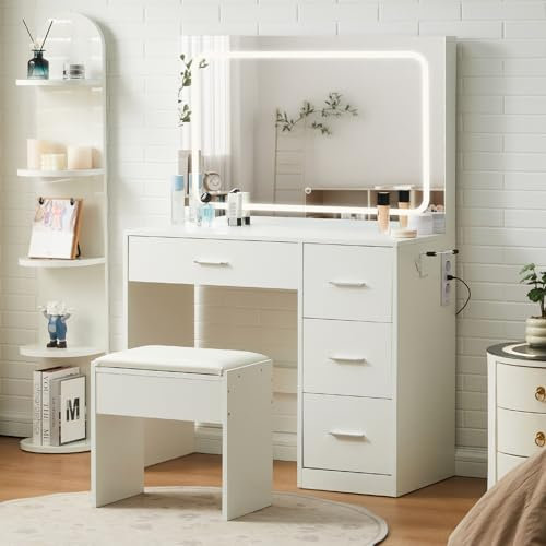 TUKAILAI Schminktisch mit Beleuchtung, Schminktisch mit Spiegel und Hocker und Beleuchtung, Kosmetiktisch mit 4 Schubladen, Frisiertisch mit Steckdose 90x40 cm