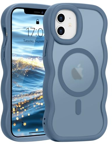 Pepmune Coque pour iPhone 12/iPhone 12 Pro Compatible avec Magsafe, Bleu | Cadre Vague Bouclée Coque de Téléphone. Translucide Mat Slim Fit Antichoc Housse de Protection pour Femme et Filles.