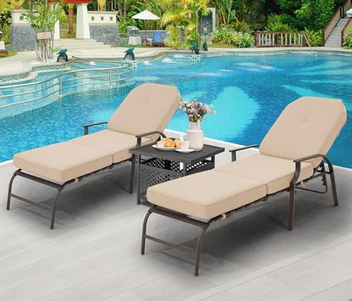 UNIONLINE Gartenliege Sonnenliege für den Außenbereich,207 x 58 x 43 cm, trägt bis zu 160 kg, Rattanliege Loungesessel Liegestuhlmöbel mit Kissen und Armlehne für Pool, Deck, Hinterhof (Beige, 3PCS)