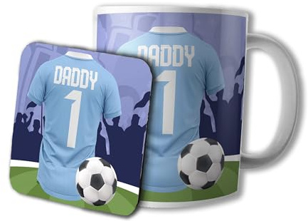 AK Giftshop Football Daddy Mug and Coaster Gift Set, 320ml Ceramic Cup, Sports Jersey Design (Light Blue)