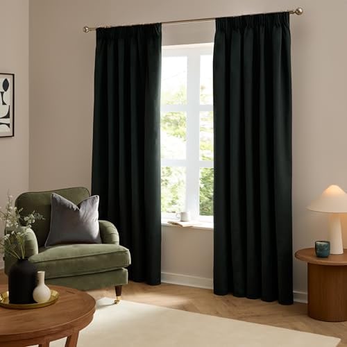 furn. The Ultimate Velvet Pencil Pleat Curtains (Black-229x229cm) | Soft Stylish Light Filtering Matte Velvet Curtain Pair