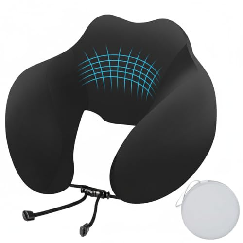Romon Coussin de Voyage en Forme de U, Oreiller Cervical avec Housse en Soie glacée, Soutien Ergonomique à 360° avec de Forme, Cordon réglable pour Avion Voiture Train Noir