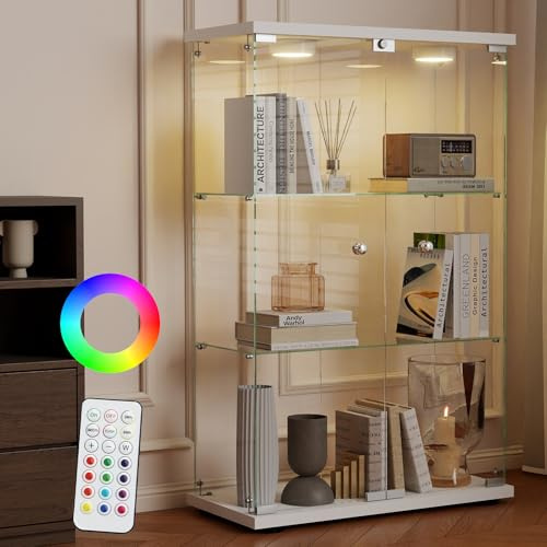 AUFHELLEN Glasvitrine Standvitrine mit LED in Weiß, 125x79x36,5CM Vitrine | Modern Vitrinenschrank mit 3 Böden aus ESG für Küche, Flur Wohnzimmer Büro zur Aufbewahrung von Sammlerstücken Büchern Weinen