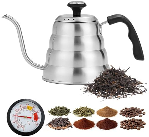1L Edelstahl Wasserkessel Kaffeekanne mit Langer Auslauf, Schwanenhals Wasserkocher mit Thermometer, Wasserkocher Schwanenhals, Schwanenhalskessel, Gooseneck kettle für Kaffee und Tee