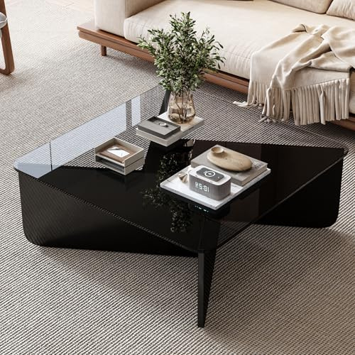 TWSOUL Table basse carrée moderne noire table de salon en verre transparent table canapé pour salon bureau 90 x 90 x 35 cm