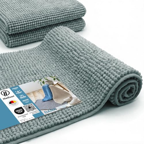 HELLSER Badezimmerteppich Dana | rutschfest & Waschbar | Weiche Chenille Badematte Kurzflor | Saugfähig & Schnelltrocknend | Oeko-TEX für Fußbodenheizung | Blau | 60x120 cm