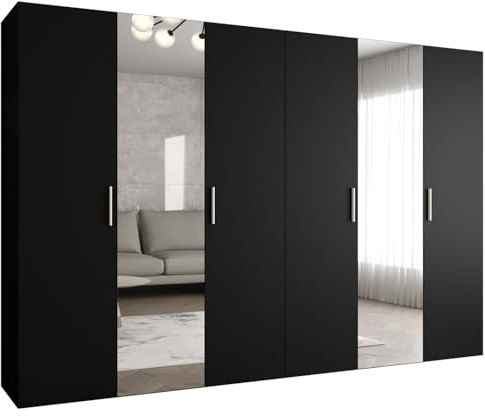 MEBLE KRYSPOL - Kleiderschrank - Garderobenschrank - 300 cm x 202 x 52 cm - Schrank mit Kleiderstange und Spiegel, 6 Türen - für Schlafzimmer, Flur - BARI, Schwarz, Griff Silber