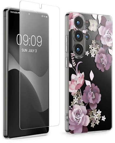kwmobile Hülle kompatibel mit Samsung Galaxy S26 Ultra Handyhülle - Silikon Case transparent - Mit Glas Schutzfolie - Blumenblüten und Rosen Pastelllila Transparent