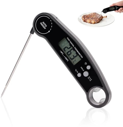Termómetro Cocina Digital de Lectura Instantánea (3s) – Sonda Larga Plegable con Pantalla LCD – Termómetro para Alimentos, Carne, BBQ, Horno y Líquidos – Preciso y Fácil de Usar (Negro)