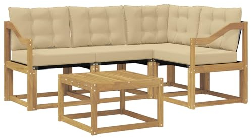 vidaXL Outdoor-Sofagarnitur mit Kissen 5 pcs Weiß und Beige, Garten-Sofa, Moderne Außenmöbel, langlebige Sitzgruppe, Bequeme Lounge, Akazien-Sitze, Entspannung im Garten