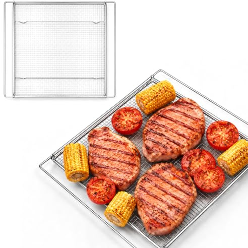 Adjustable Air Fry Oven Basket (2 Pack) Compatible for Most Home Ovens 350mm to 570mm Extendable Mesh Tray Nut and Threaded Screw Fitting Crispy Cooking Rack for Air Fry Style Oven Meals
