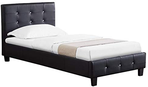 Lit Simple pour Adulte ou Enfant TICO Couchage 90 x 190 cm avec sommier 1 Place / 1 Personne, tête et Pied de lit capitonnés avec Strass, revêtement synthétique Noir