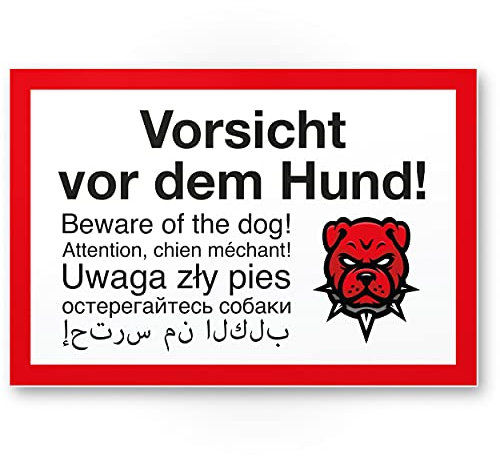 Komma Security Vorsicht Hund mehrsprachig Angry Style 6 Sprachen - Hunde Schild Hinweisschild Grundstück - Türschild Haustüre Warnschild Einbruchschutz - Achtung Hund