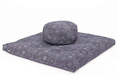 Bodhi Meditations-Set | Maharaja Collection | Meditationsmatte (Zabuton) & Meditationskissen Rondo mit Dinkelfüllung | Bezug aus Baumwolle | Unterlage zur Meditation (Mandala/Dunkelblau)