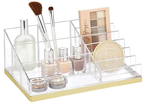 mDesign praktischer Kosmetik Organizer – dekorative Kosmetik Aufbewahrungsbox für Nagellack und Puder – Ablage mit 10 Fächern zur Schminkaufbewahrung – durchsichtig/goldfarben