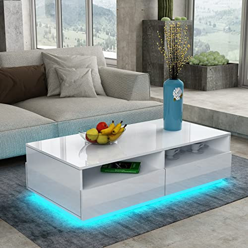 AWOOOD Coffee Table for Living Room,LED Side Table Modern Wooden Centre Table,White Gloss Coffee Tables with 4 Drawers Storage for Home