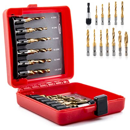 HIDOTOL Titanium Combination Drill and Tap Bits Set with Quick Change Adapter, 13 PC SAE/Metric Screw Taps, 3-in-1 Bit Tool for Drilling, Tapping and Countersinking