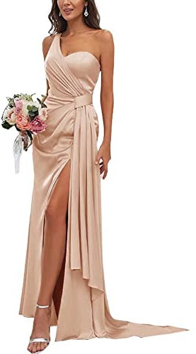Robes de demoiselle d'honneur asymétrique en satin longues fendues haute sirène robes de soirée pour femme, rose gold, 38