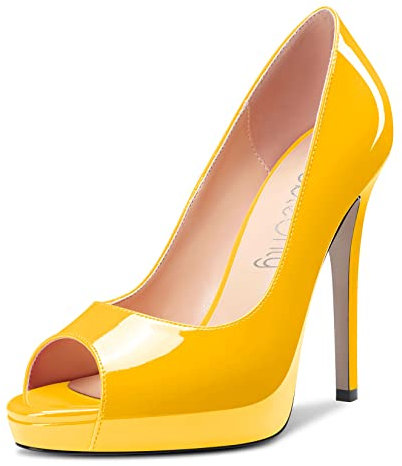 NobleOnly Damen Hoher High Absatz Heel Plateau Plattform Peep Open Zehenkappe Pumps Slip-on Clear Cute Party Sandalen 12 cm Heels Gelb 40 EU