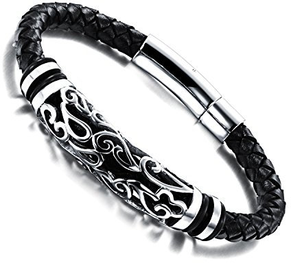 Aleasha Leder Armband für Herren mit Gravur Retro Edelstahl Magnet Verschluss ArmbäNder Schmuck Geschenk Schwarz