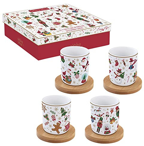 Easy Life COFFRET 4 TASSES A CAFE 11 CL EN PORCELAINE AVEC SOUCOUPE EN BAMBOU CHRISTMAS FRIENDS