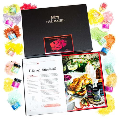 Hallingers Badesalz Adventskalender & Happiness is handmade - Badesalz Adventskalender handmade, im Bundle mit edlem Kochbuch (Set) - Geschenk im Sommer & als perfektes Grillgeschenk | Glückwunsch Glü