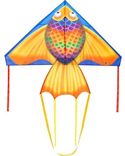 HQ Design - Delta 140cm, Kinderdrachen Flugdrachen Einleiner Drachen zum steigen Lassen, wenig Wind ab 5 Jahren, inkl. 17kp Polyesterschnur 40m auf Spule, 2-5 Bft (Rainbow Fish)