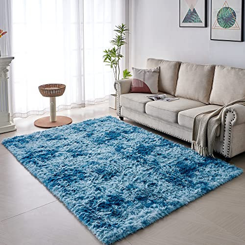 VOFUSHON Wohnzimmer Hochflor Teppich,Shaggy Flur Läufer Teppich Modern Flauschiger Weich Bunte Batik Teppich Groß für Wohnzimmer Deko/Schlafzimmer/Kinderzimmer(Navy blau,200 x 300 cm)