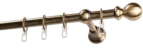Garesa Gardinenstange Andrea Ø 20mm, 1-läufig, Messing, antik I Stabile Vorhangstange inkl. Ringe + Faltenlegehaken I Mit Endknopf Kugel lang I 440cm