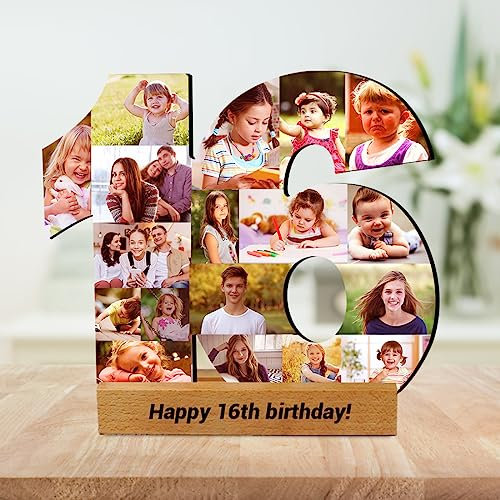 Panneau de collage photo personnalisé pour 16e anniversaire avec base - Cadre photo en bois pour 50e anniversaire - Plaque Happy 60th Bithday - Cadeau personnalisé pour grand-parent, famille,