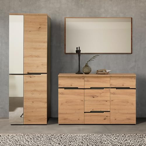 Lomadox Flurgarderobe Garderoben Set mit Sideboard Garderobenschrank Wandspiegel in Artisan Eiche Nb. mit Graphit