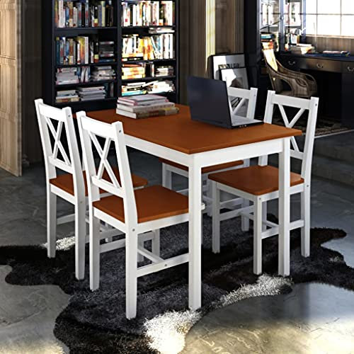 Hommdiy 5-TLG. Essgruppe, Holztisch Sitzgruppe Esstischset Esstisch mit 4 Stühle (Braun und Weiß)