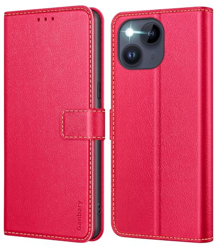 Ganbary Handyhülle für iPhone 14 / iPhone 13 Hülle, Premium Leder Klapphülle [Kartenschlitzen] [Magnetverschluss] [Standfunktion] kompatibel mit iPhone 14 / iPhone 13 Schutzhülle, Rot
